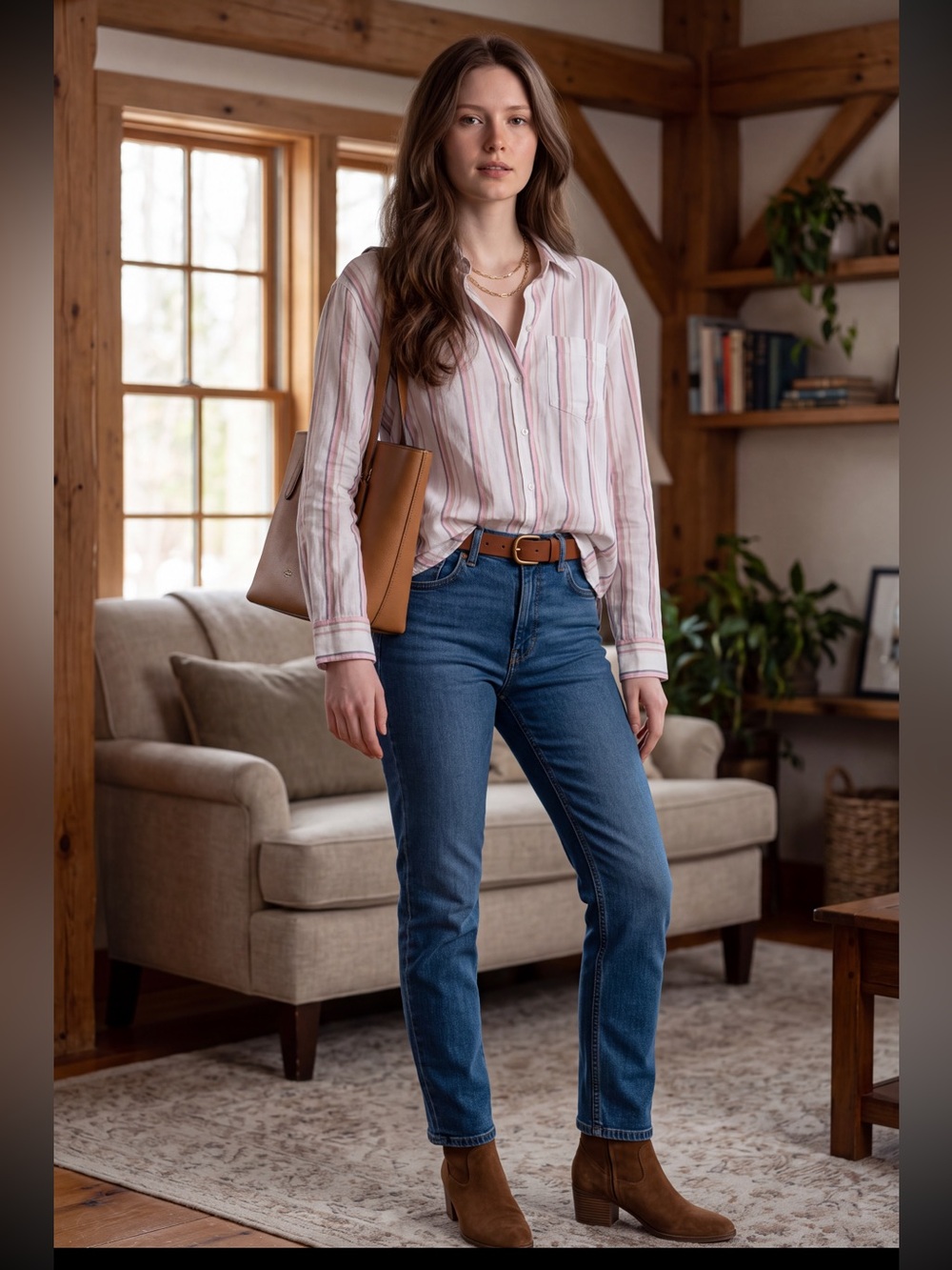 GAP White Button-Down Shirt with Pink and Taupe Stripes